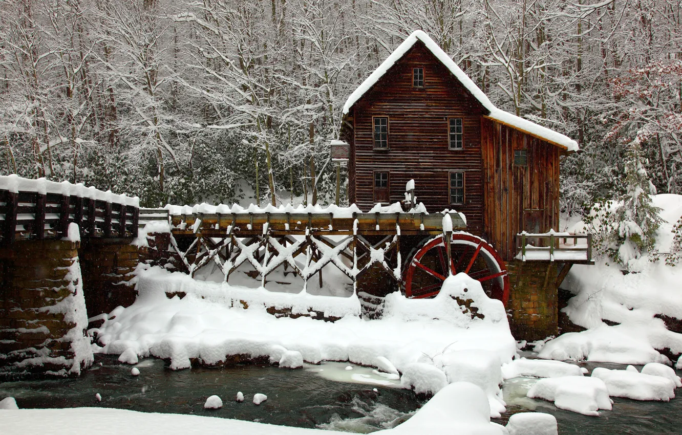 Photo wallpaper river, bridge, winter, snow, mill