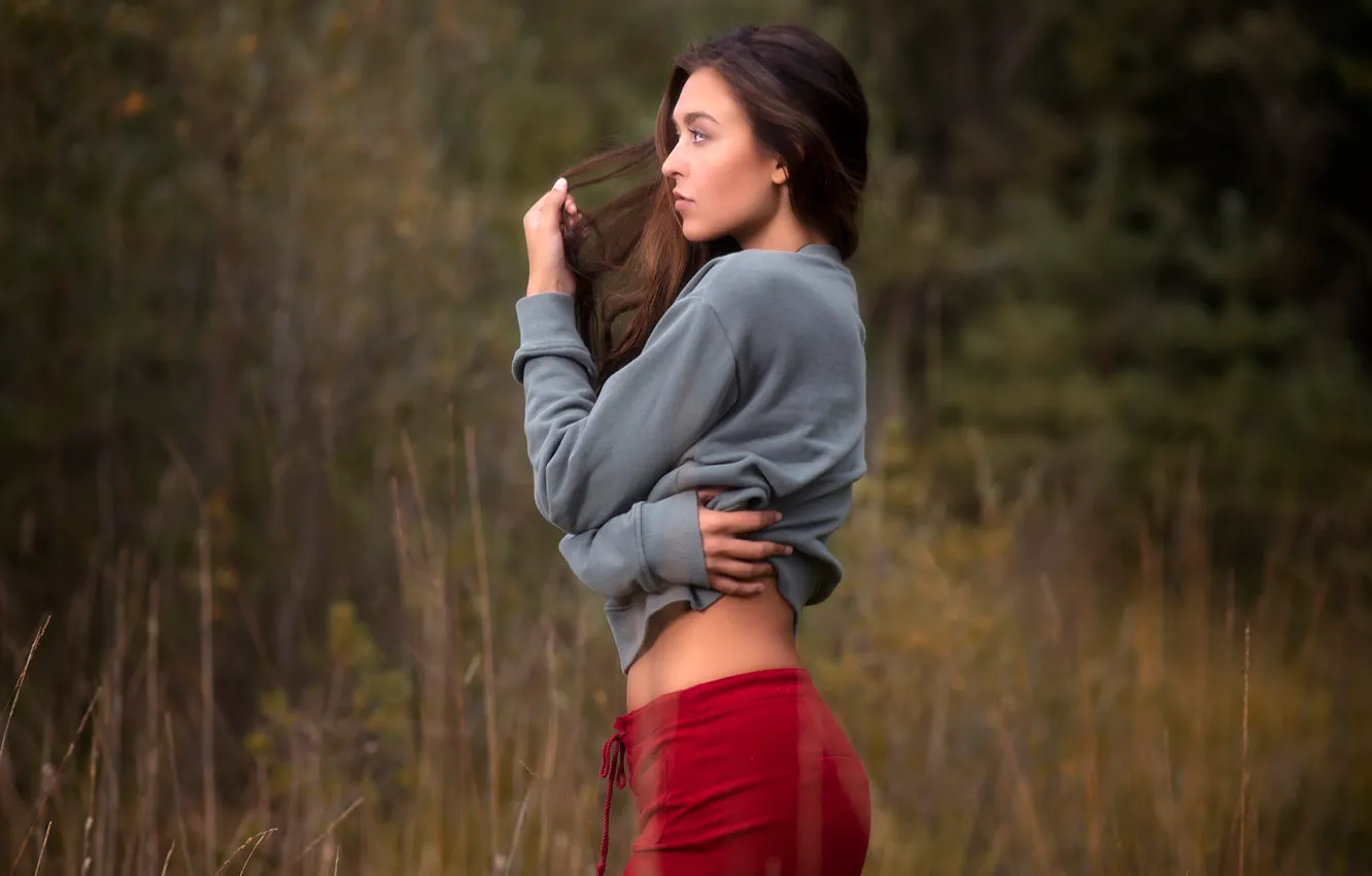 Photo wallpaper field, grass, sexy, model, skirt, portrait, makeup, figure