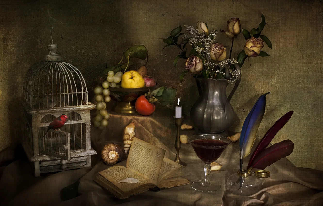 Photo wallpaper wine, bird, glass, roses, candle, bouquet, texture, cell