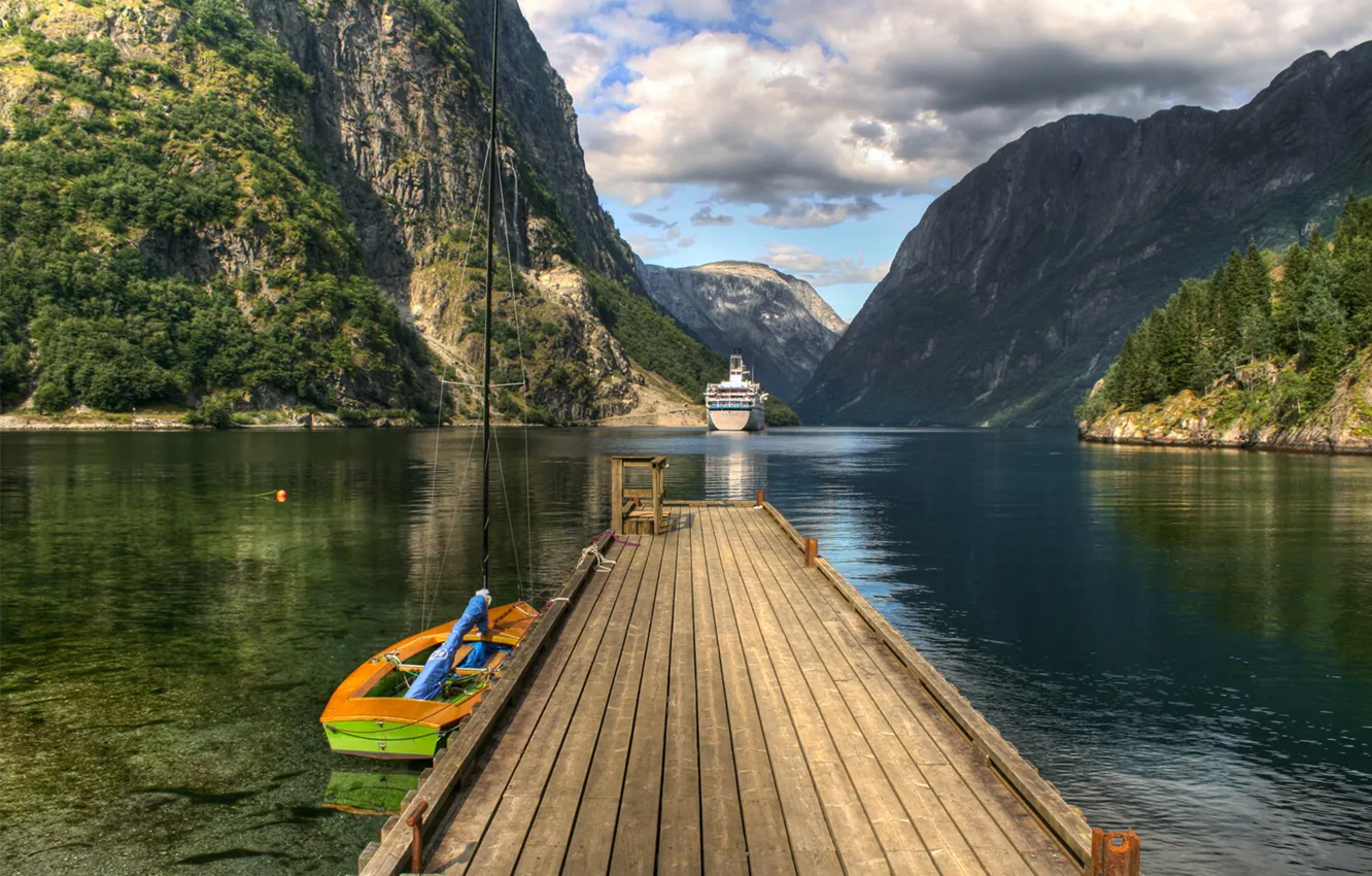 Photo wallpaper water, mountains, boat, ship, Norway, the bridge, Lofoten