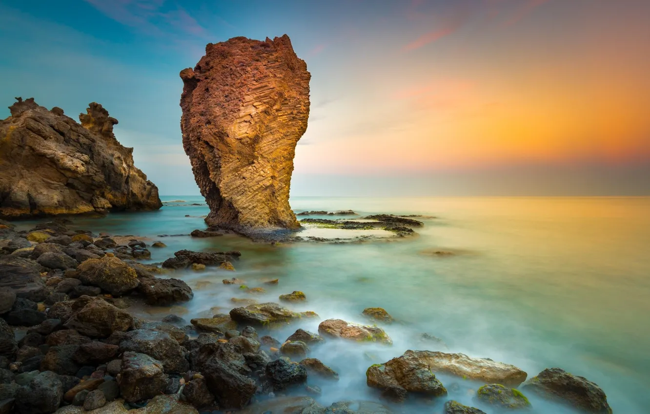 Photo wallpaper sea, landscape, sunset, nature, rock, coast, beauty