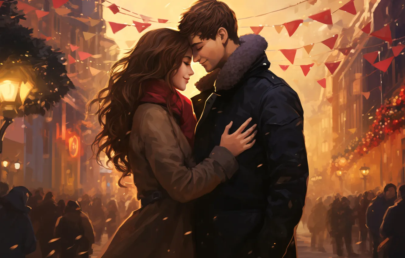 Photo wallpaper girl, love, happiness, the city, holiday, street, the crowd, people