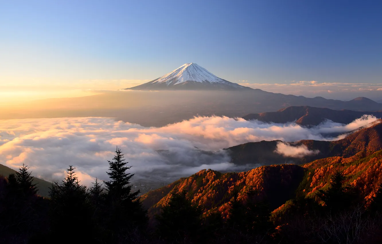 Photo wallpaper autumn, light, mountain, morning, Japan, Fuji, stratovolcano, Mount Fuji