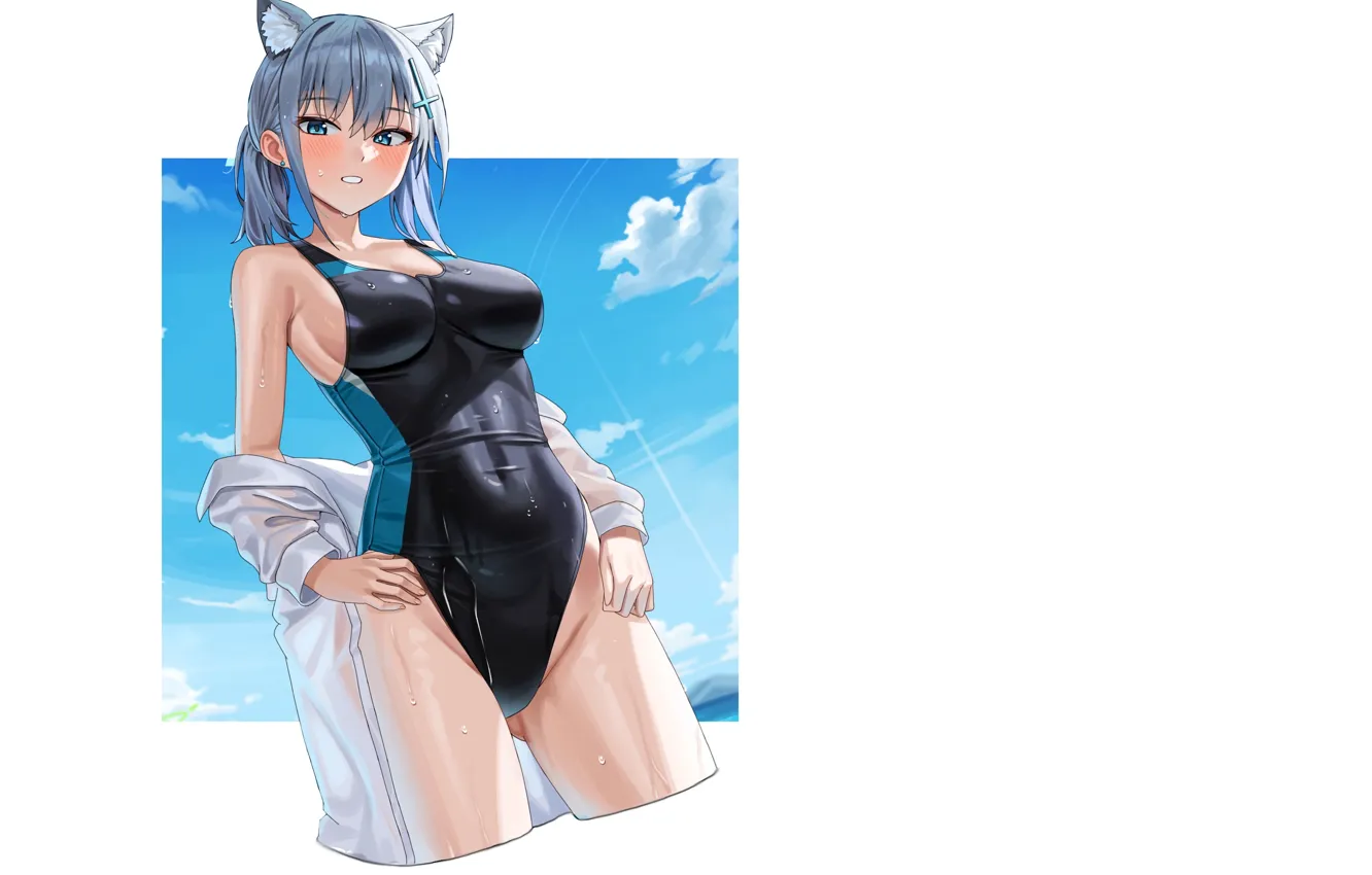 Photo wallpaper girl, hot, sexy, wet, pool, boobs, blue, anime