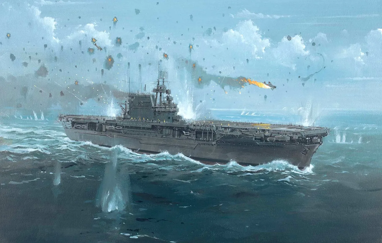 Photo wallpaper figure, art, the carrier, shots, WW2, US NAVY, caps breaks, 24 Aug 1942