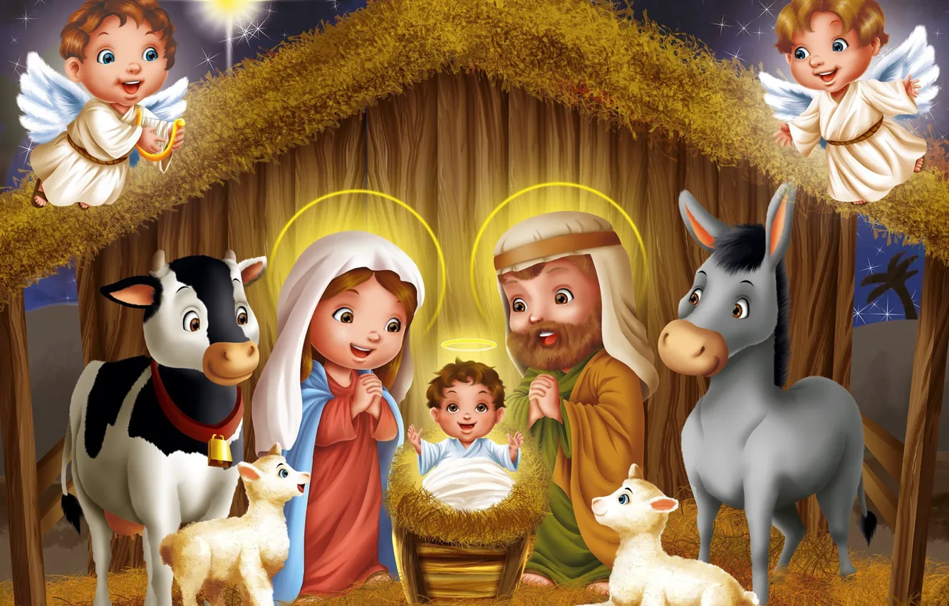 Photo wallpaper stars, night, children, sheep, angel, cows, art, hay