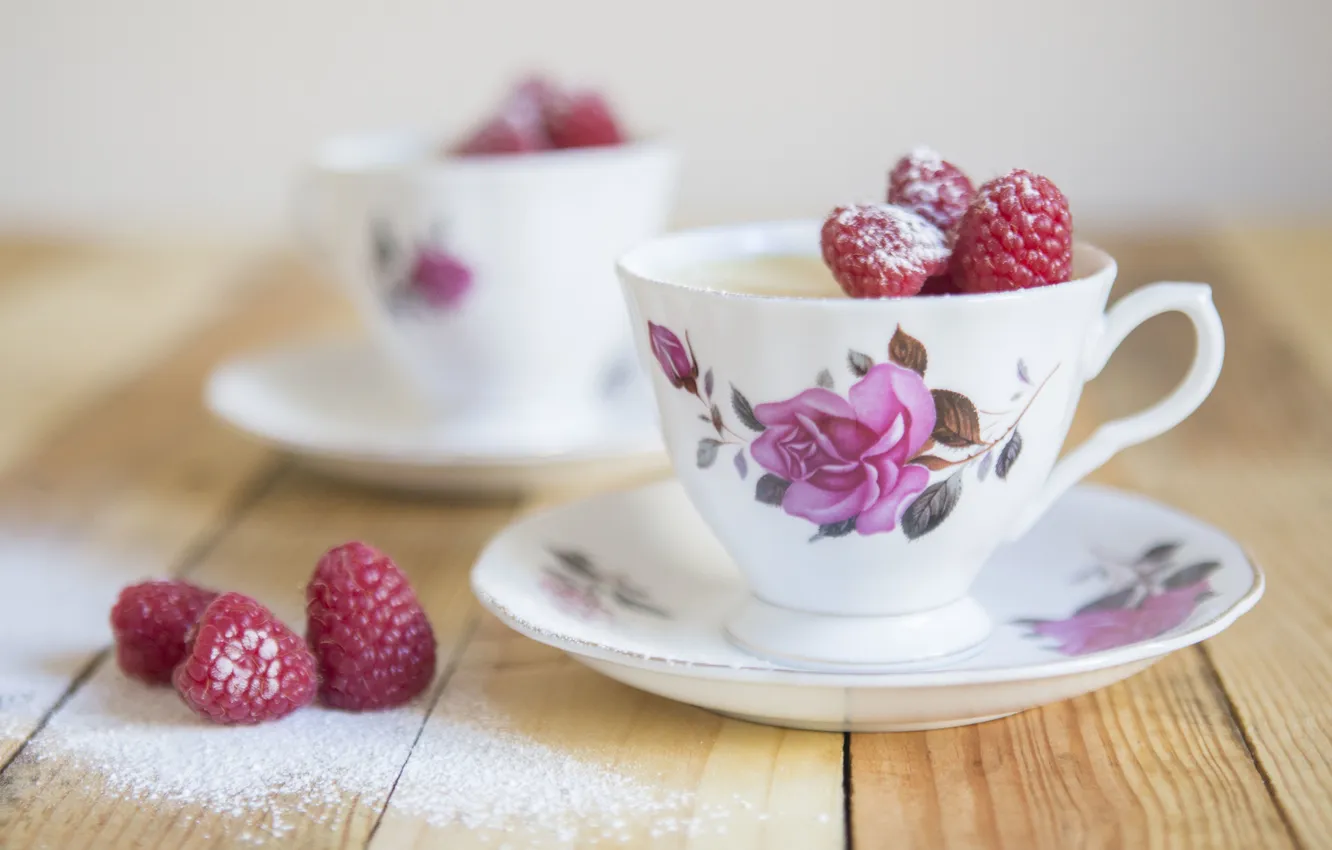 Photo wallpaper tea, table, cups, raspberries, saucers