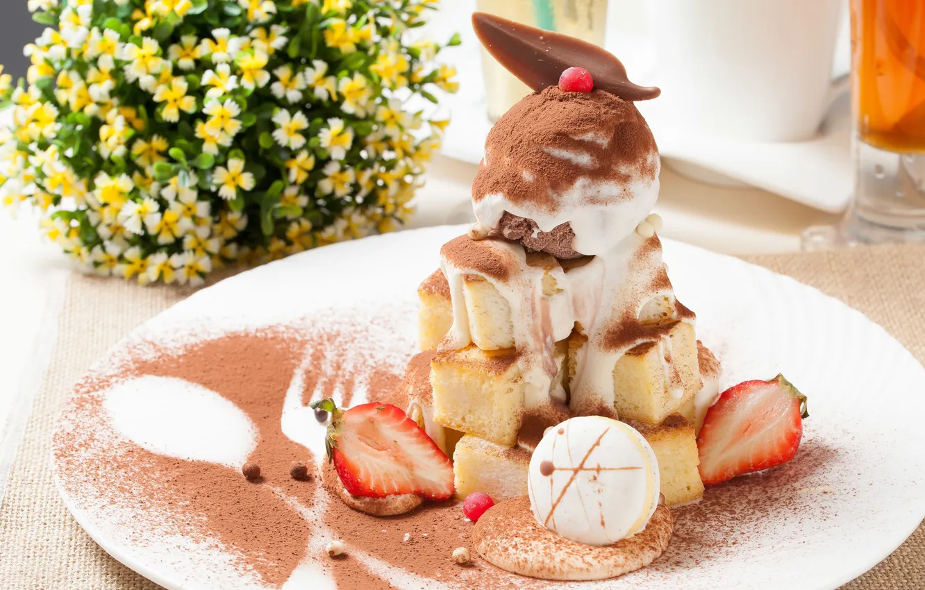 Photo wallpaper chocolate, strawberry, ice cream, cream, dessert, biscuit