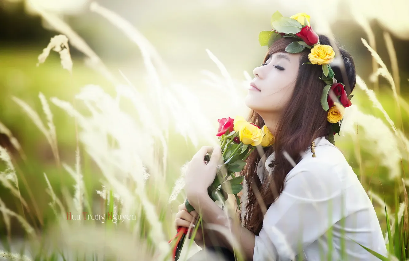 Photo wallpaper girl, flowers, Asian