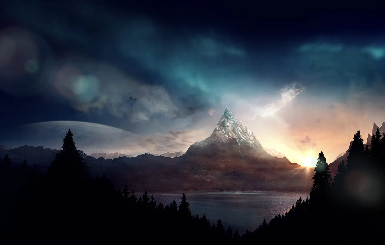 Photo wallpaper forest, mountains, lake, firstsunshine