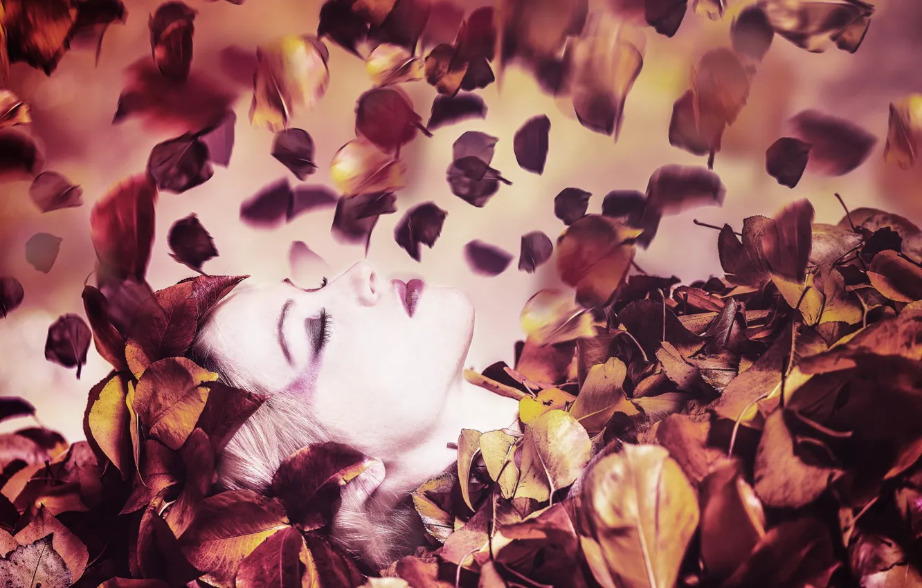 Photo wallpaper leaves, girl, background