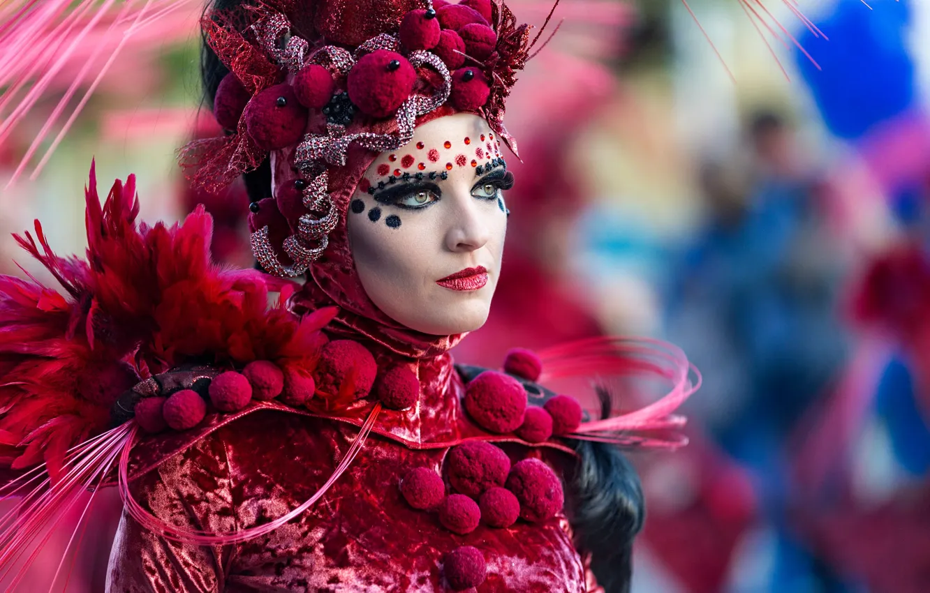 Photo wallpaper look, girl, face, eyelashes, style, portrait, feathers, makeup