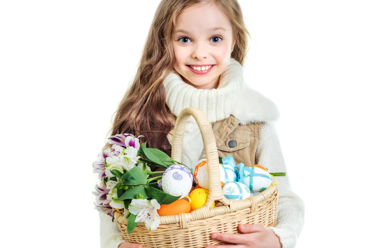 Photo wallpaper flowers, smile, basket, hair, child, eggs, Easter, girl