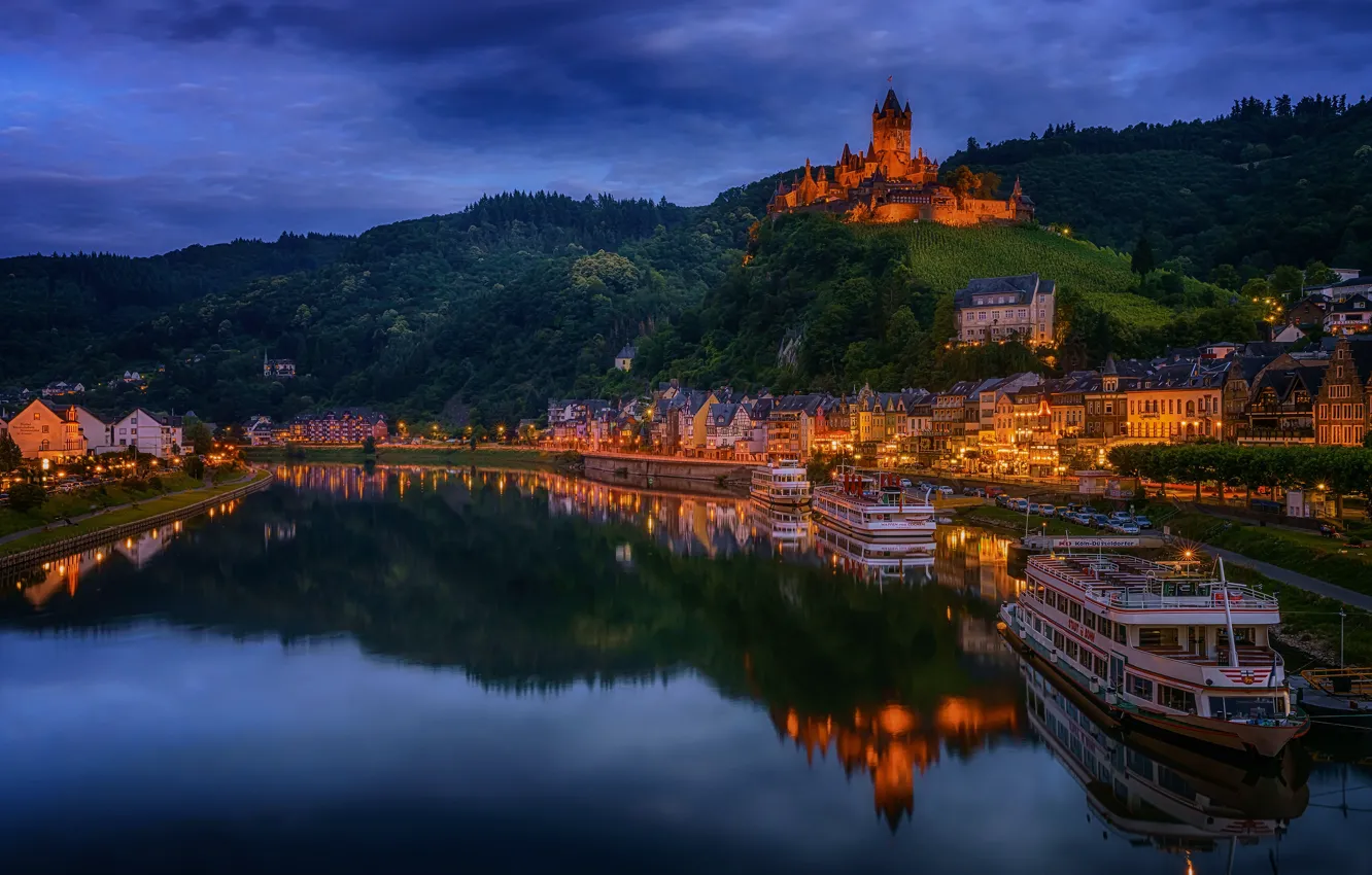 Photo wallpaper the city, river, castle, hills, building, Marina, home, the evening
