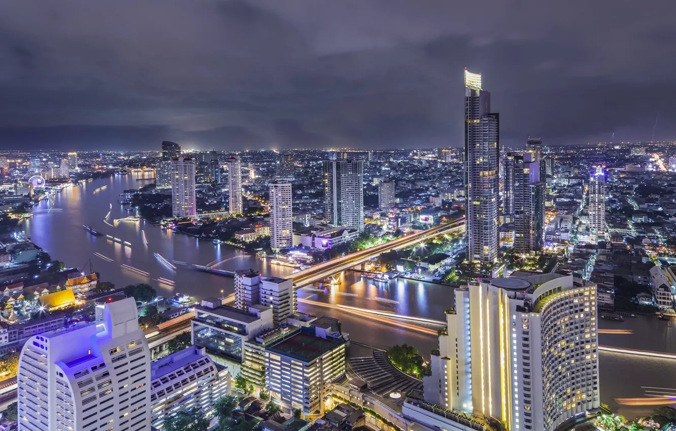 Photo wallpaper landscape, night, the city, river, beauty, Thailand, Bangkok, Thailand