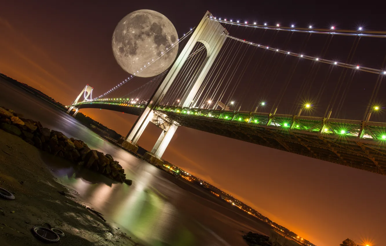 Photo wallpaper the sky, light, night, bridge, the city, lights, stones, the moon