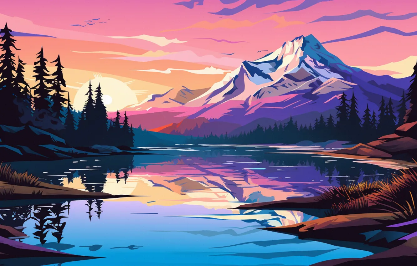 Photo wallpaper forest, the sky, the sun, clouds, landscape, mountains, reflection, shore