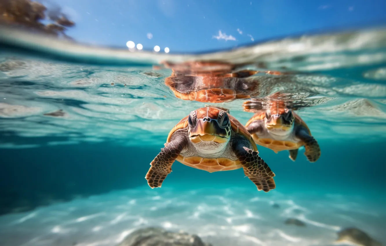 Photo wallpaper sea, look, water, turtle, underwater world, sea turtle, swimming, sea turtles