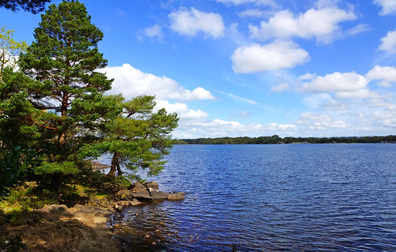 Photo wallpaper the sky, clouds, trees, lake, stones, shore, Ireland, Kerry