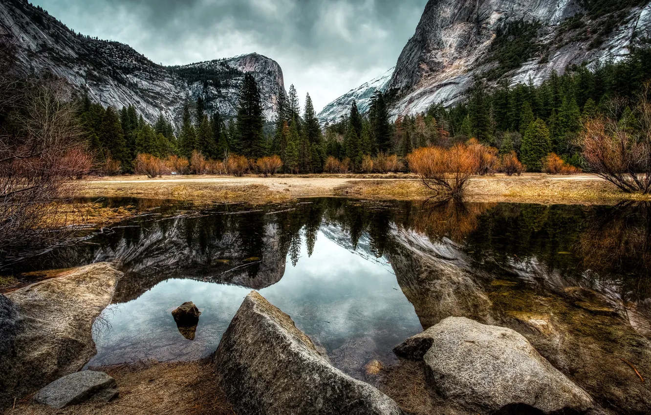 Photo wallpaper autumn, forest, water, clouds, trees, mountains, stones, rocks