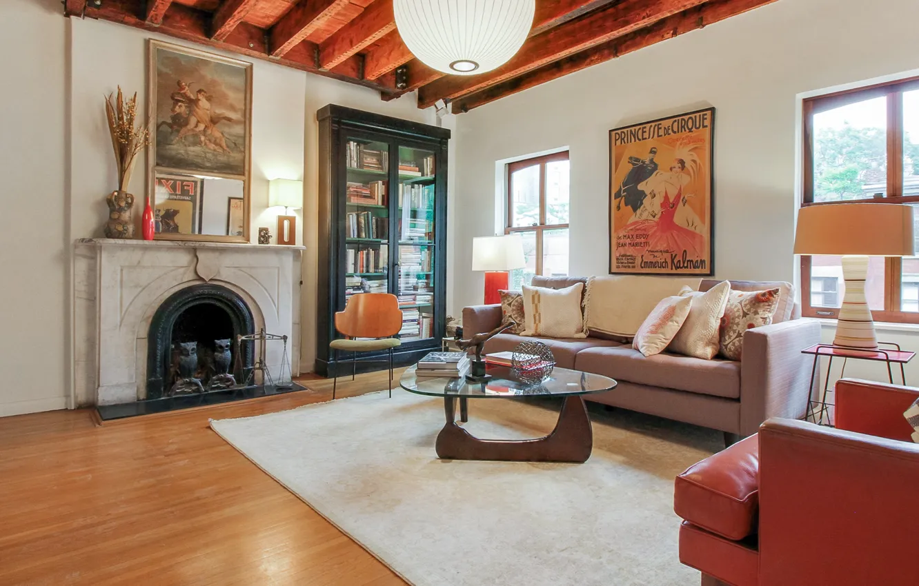 Photo wallpaper style, interior, library, living room, Molly Ringwald living room, fireplace, design