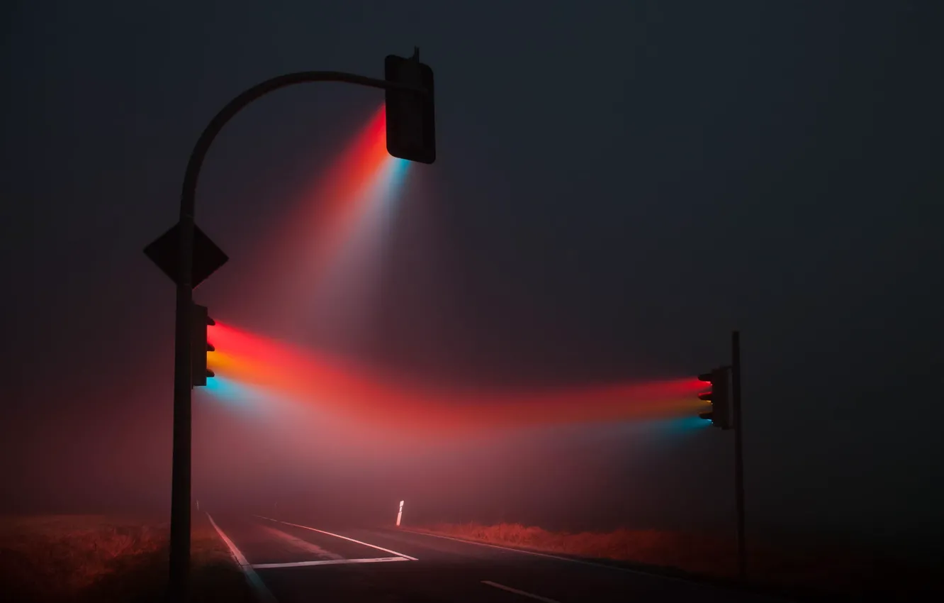 Photo wallpaper road, night, fog, traffic light