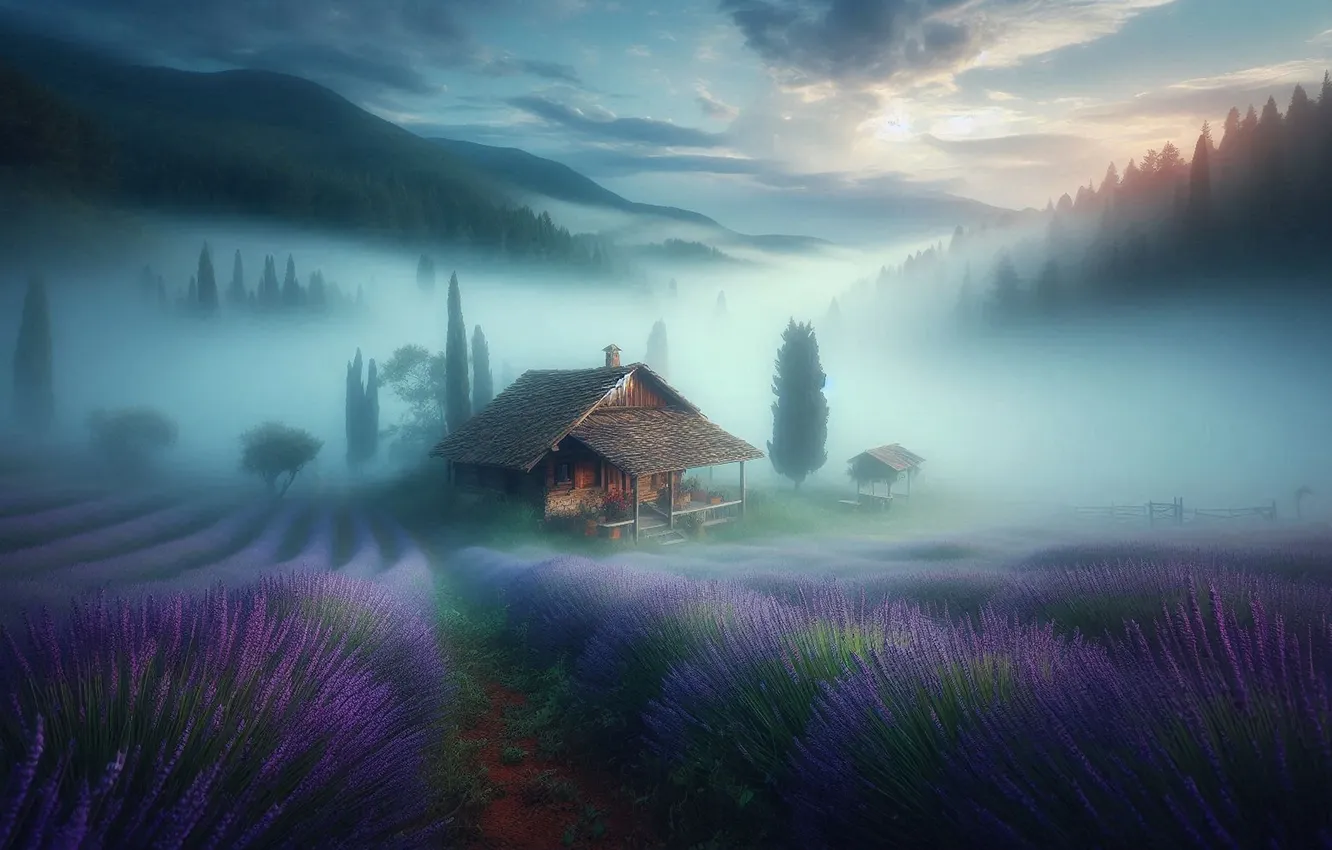Photo wallpaper forest, landscape, mountains, nature, fog, morning, house, lavender