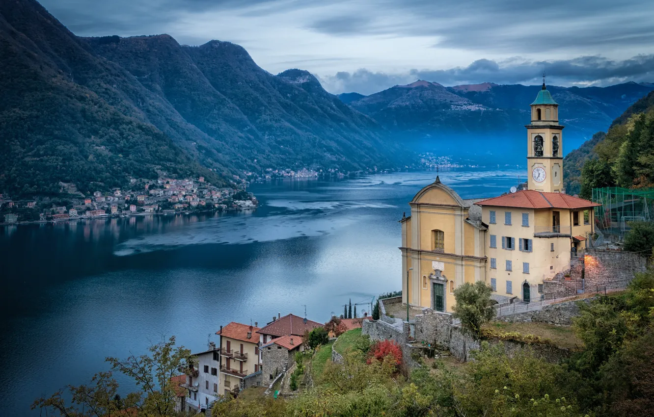 Photo wallpaper mountains, lake, home, Italy, Church, town, Italy, Lombardy