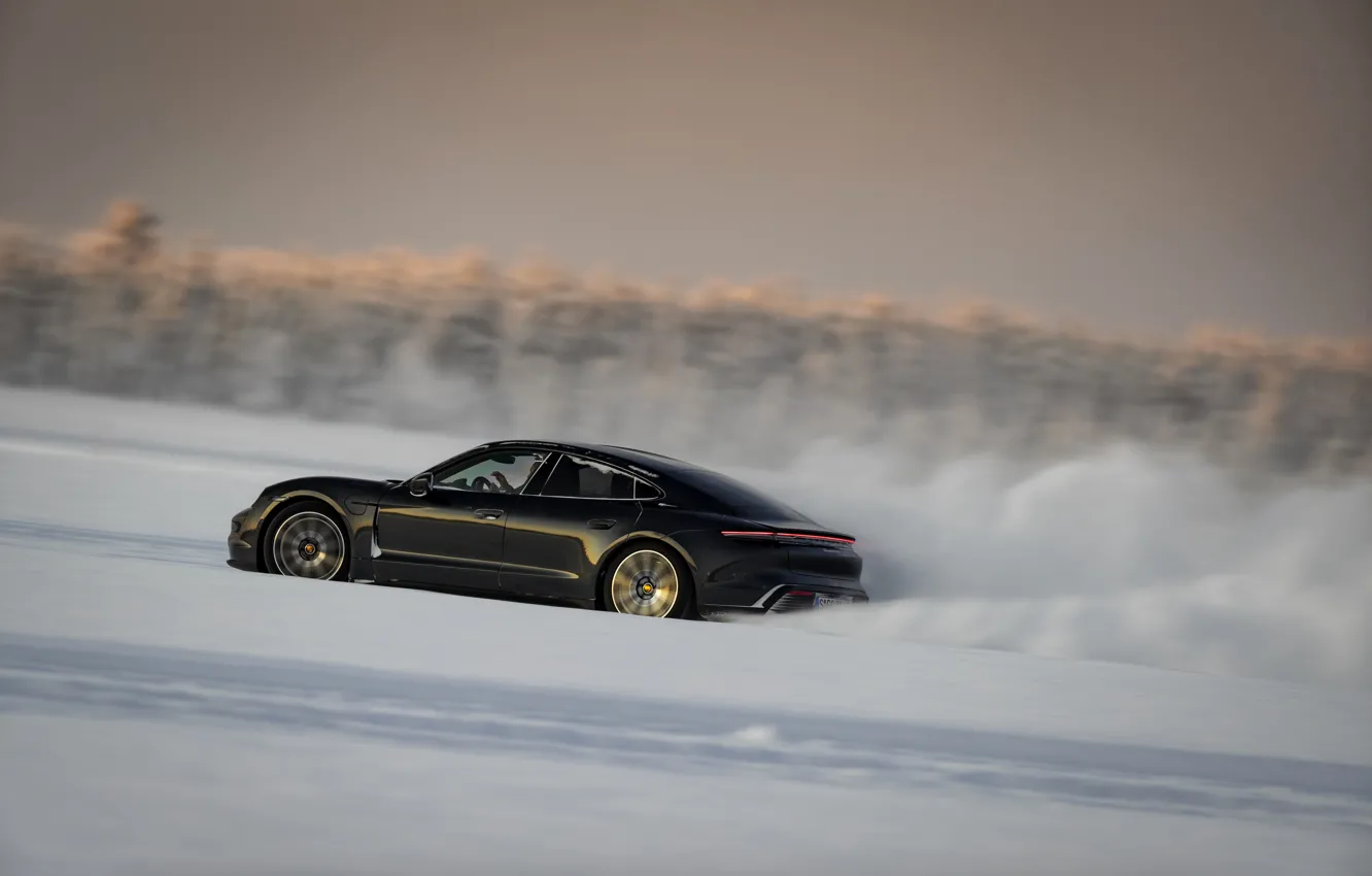 Photo wallpaper snow, black, plain, Porsche, track, 2020, Taycan, Taycan 4S