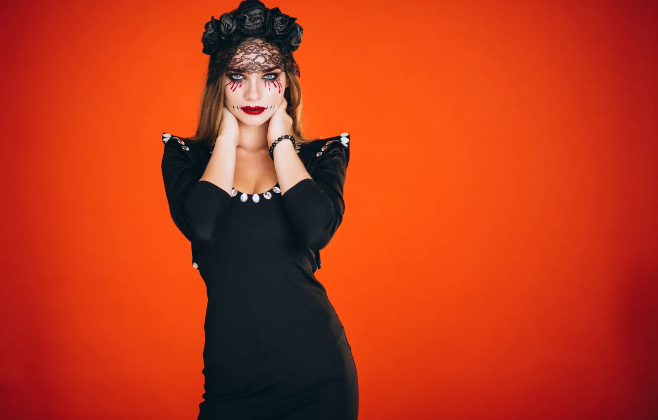 Photo wallpaper autumn, girl, holiday, makeup, pumpkin, Halloween, witch, Halloween