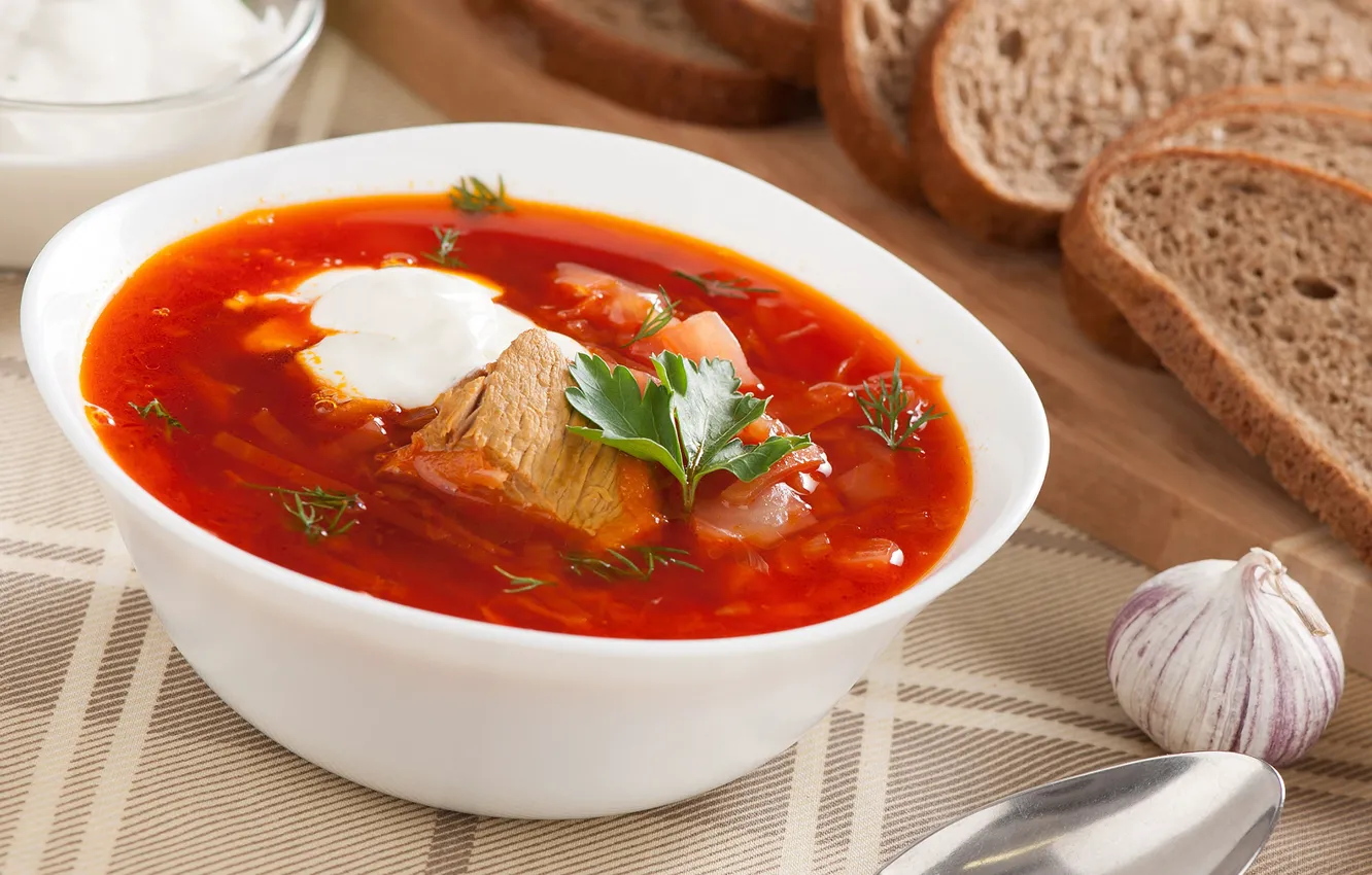 Photo wallpaper plate, bread, soup, meat, soup, sour cream
