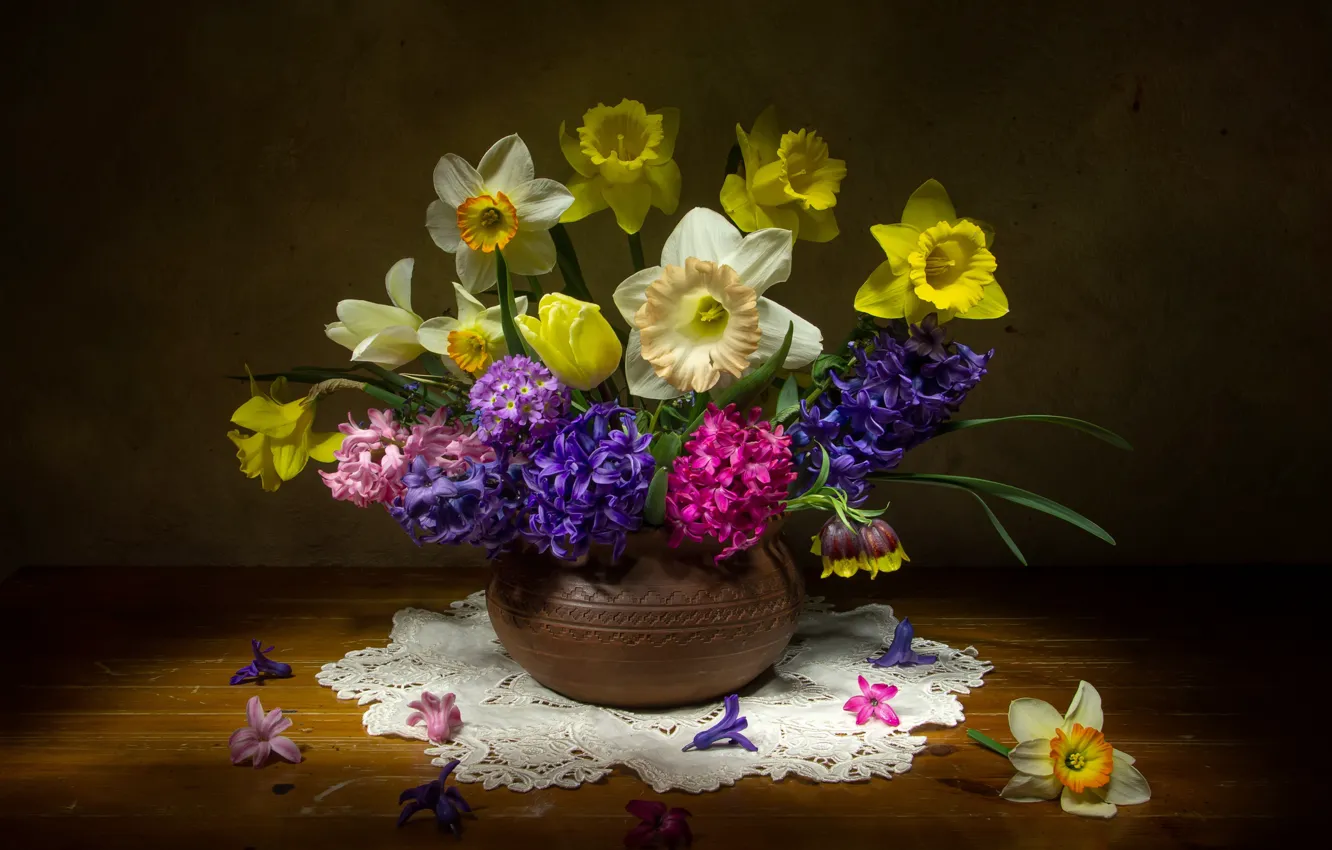 Photo wallpaper background, bouquet, tulips, napkin, daffodils, hyacinths, Tatiana Fedenkova
