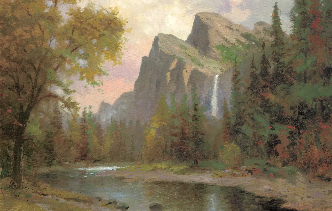Photo wallpaper river, trees, Yosemite Valley, rocks, Thomas Kinkade, Yosemite Nation Park