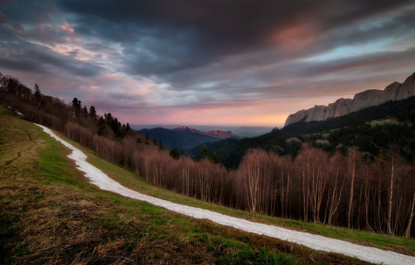 Photo wallpaper winter, forest, snow, landscape, mountains, clouds, nature, Park