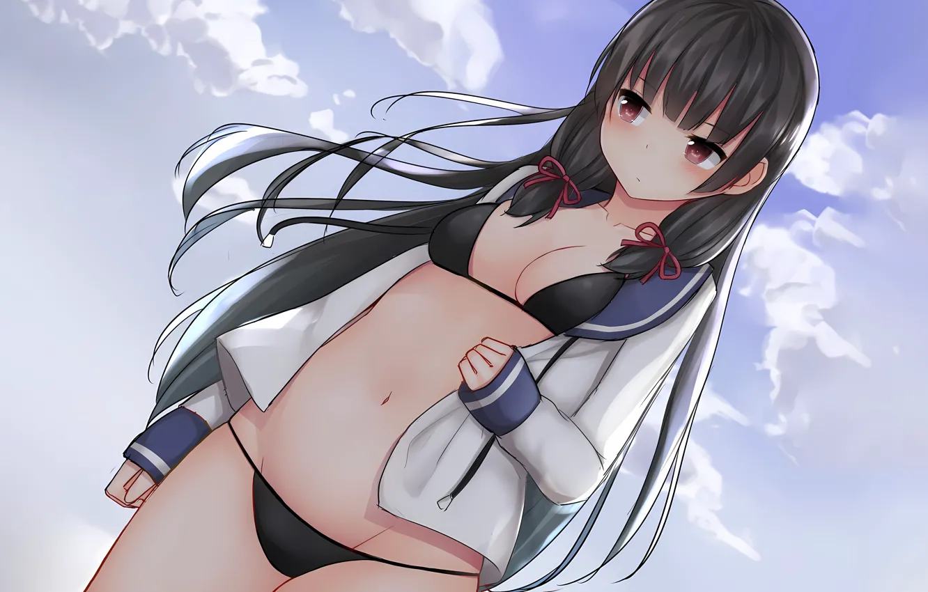 Photo wallpaper girl, sexy, cleavage, long hair, brown eyes, boobs, anime, beautiful