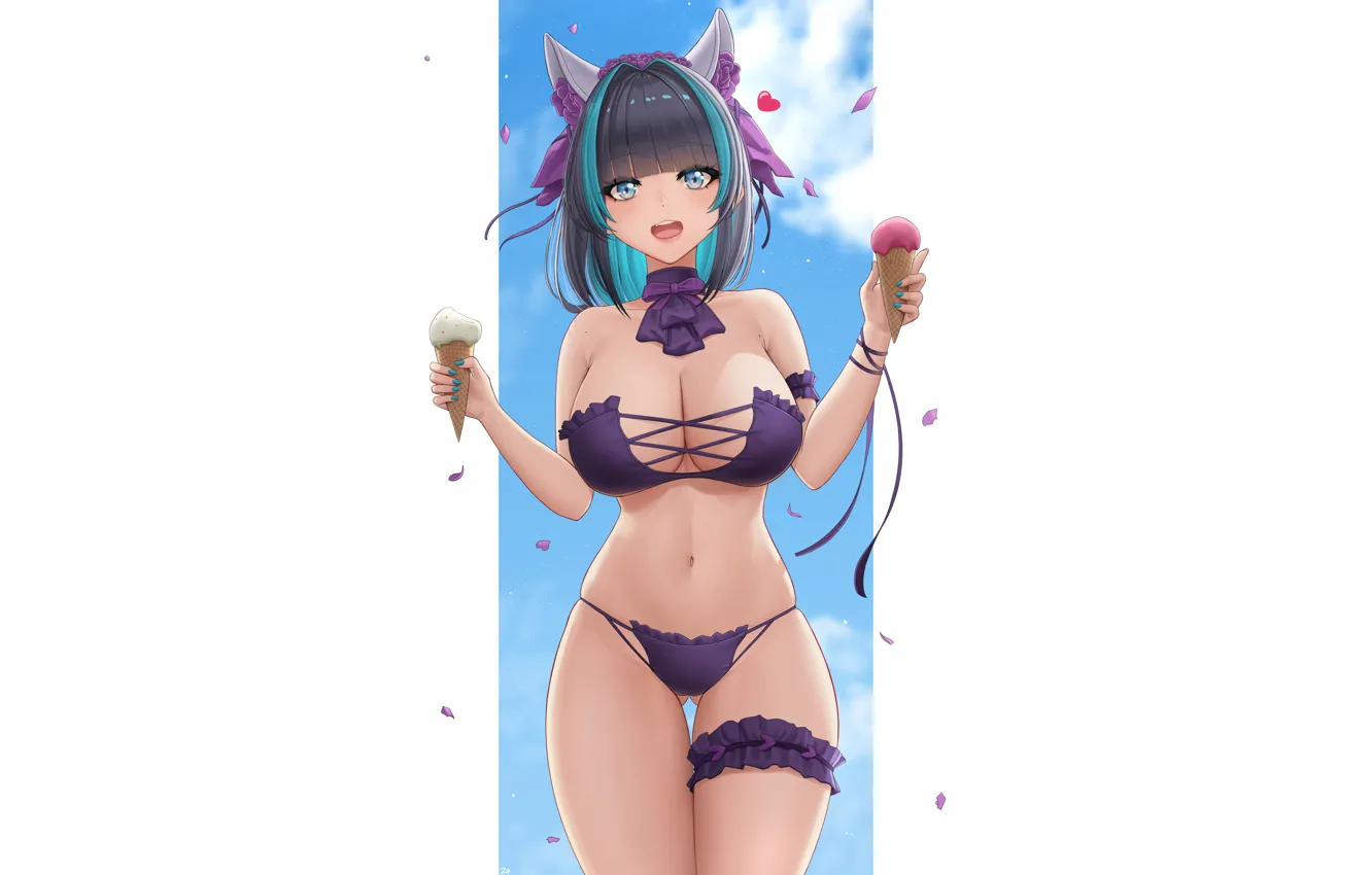 Photo wallpaper girl, summer, sexy, cleavage, boobs, anime, blue eyes, beautiful