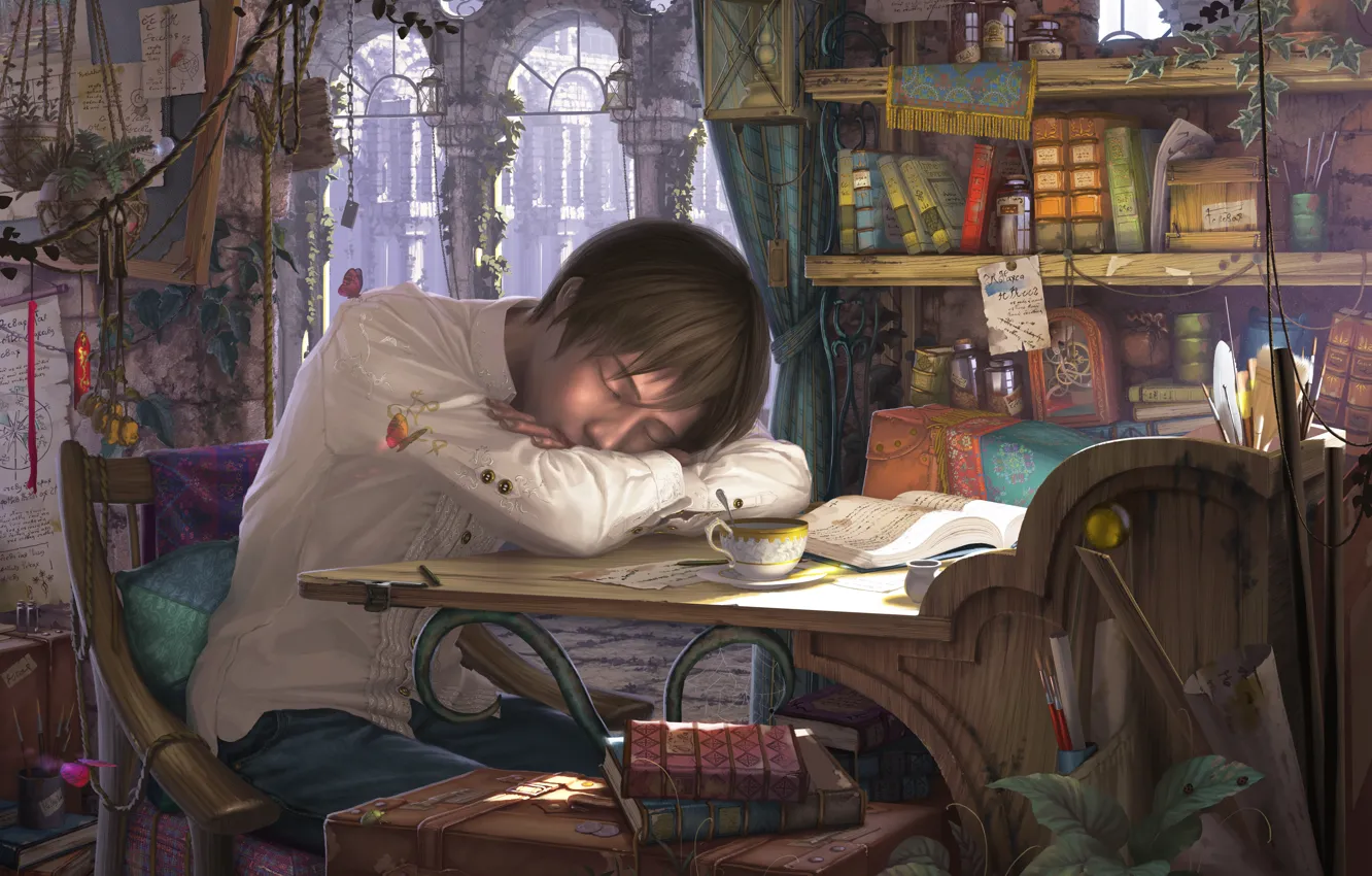 Photo wallpaper flowers, table, mess, sleep, Cup, book, guy, art