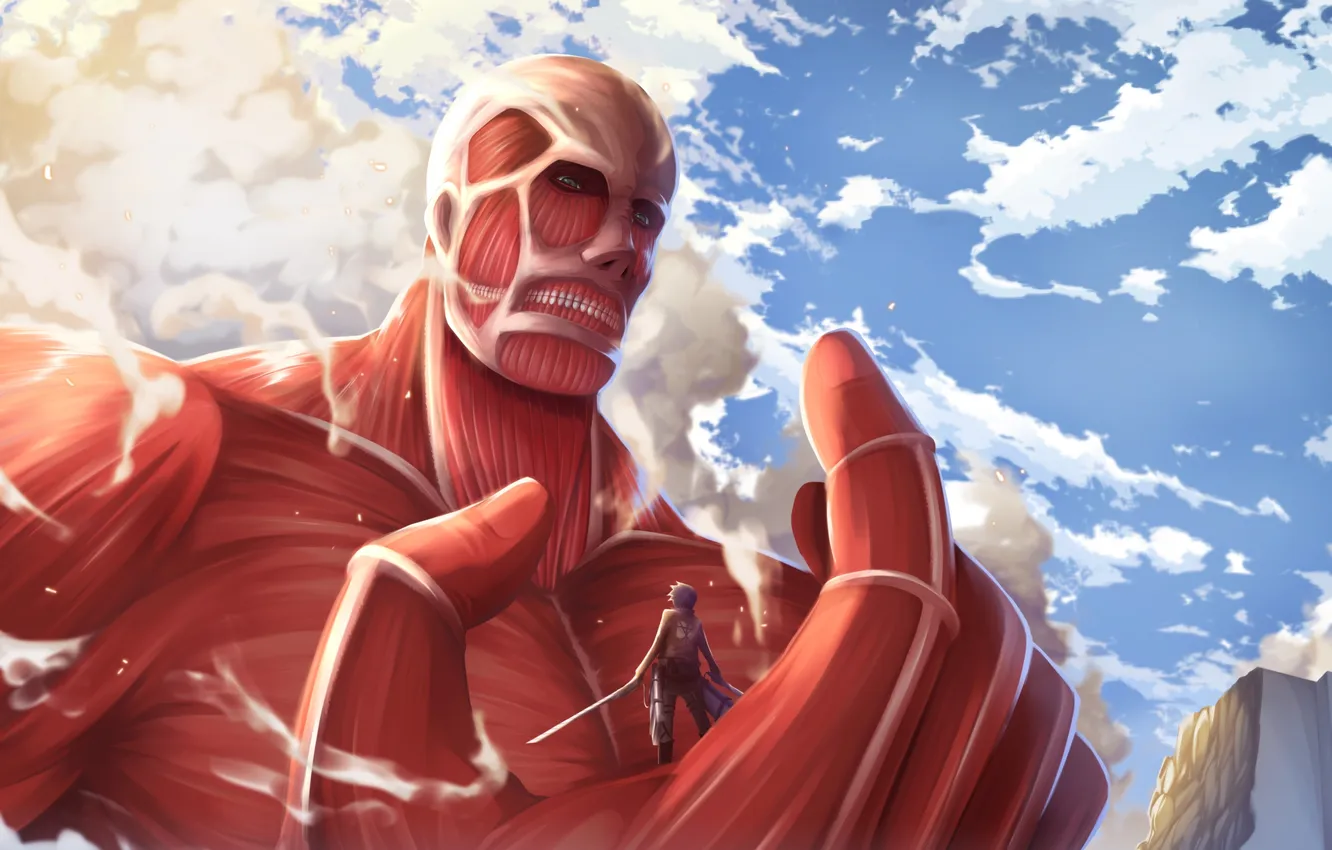 Photo wallpaper look, soldiers, destruction, guy, art, blade, Titan, Shingeki no Kyojin