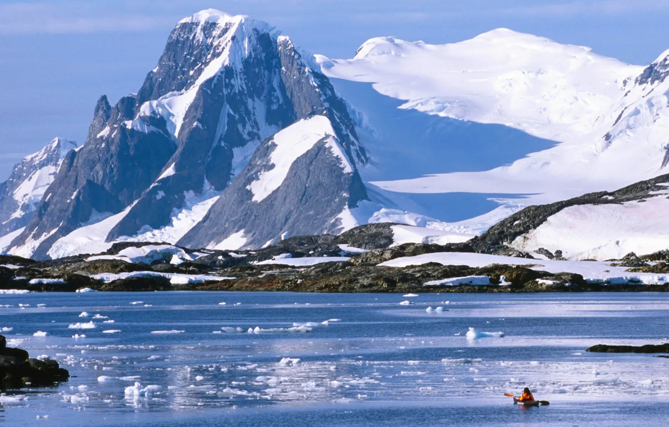 Photo wallpaper ice, winter, the sky, snow, mountains, lake, shore, boat