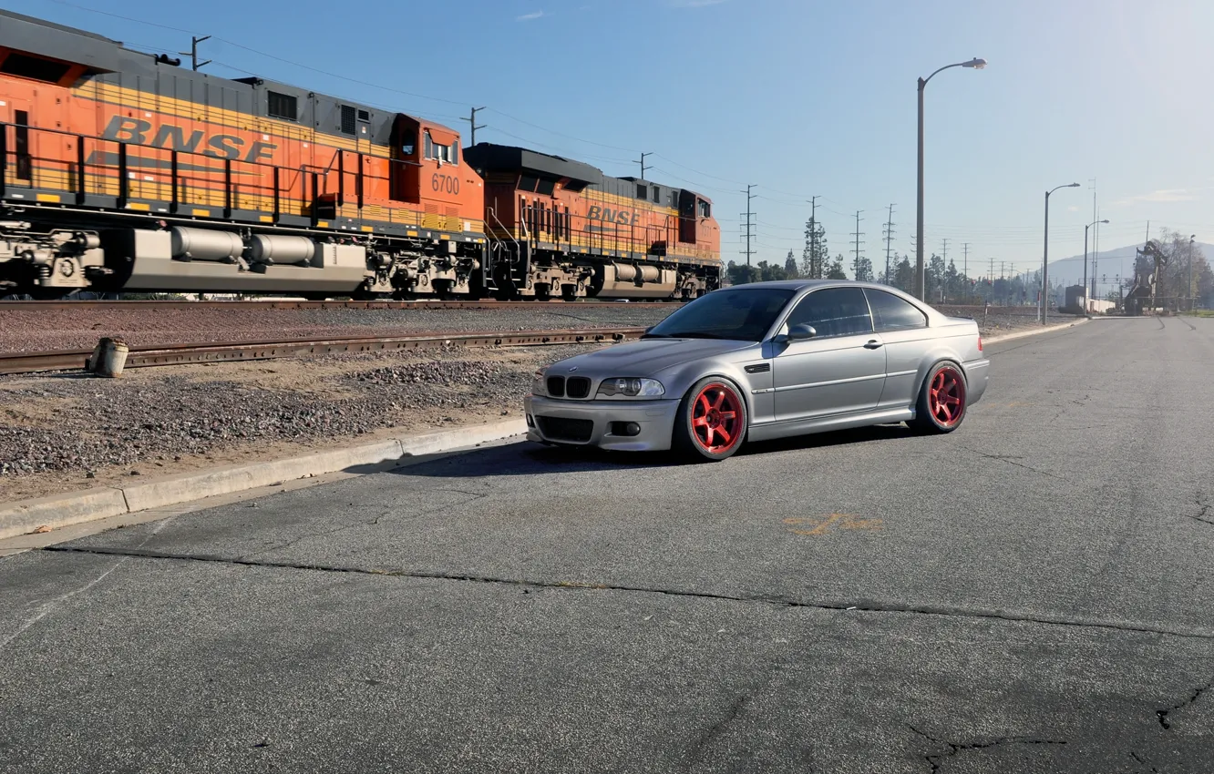 Photo wallpaper bmw, BMW, train, silver, red, drives, silvery, e46