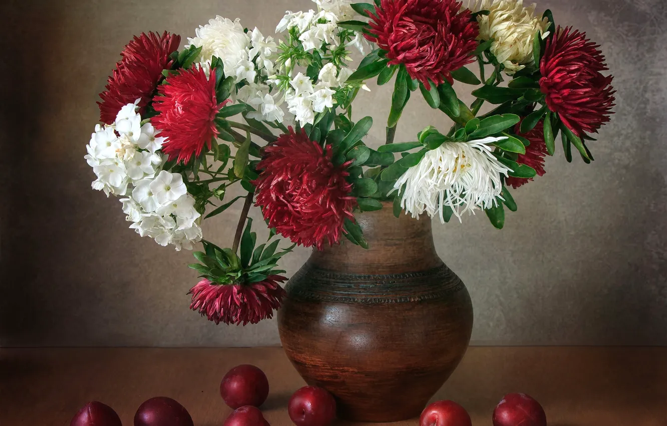 Photo wallpaper bouquet, pitcher, plum, Phlox, asters