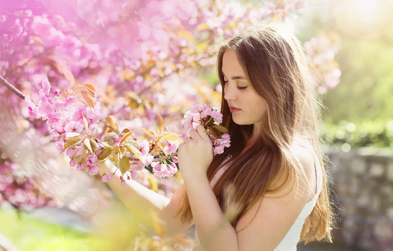 Photo wallpaper girl, flowers, spring, girl, brown hair, brown hair, flowers, spring
