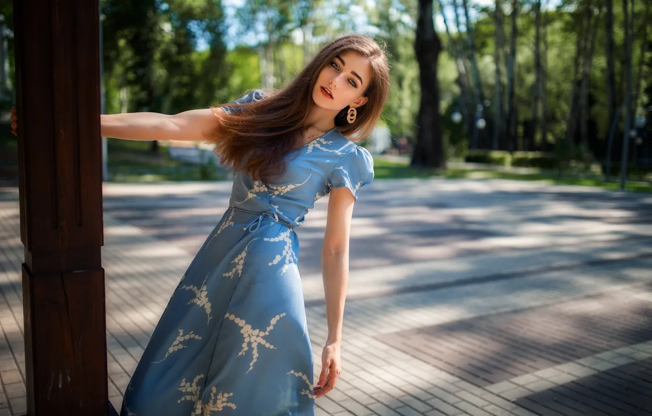 Photo wallpaper girl, pose, long hair, blue dress, Dmitry Shulgin