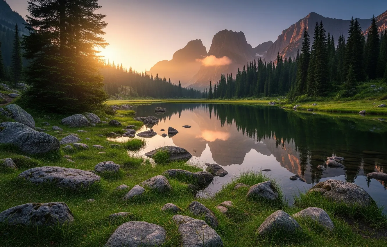 Photo wallpaper sunset, mountains, lake, Wallpaper, valley, wallpaper, sunset, mountains