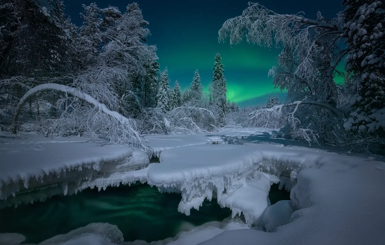 Photo wallpaper winter, snow, trees, stream, Northern lights, the snow, Russia, river