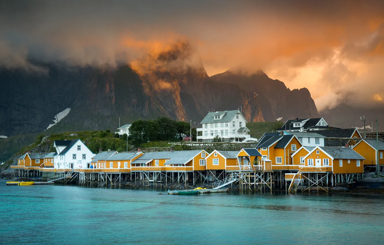 Photo wallpaper mountains, the city, home, Norway, settlement, the fjord