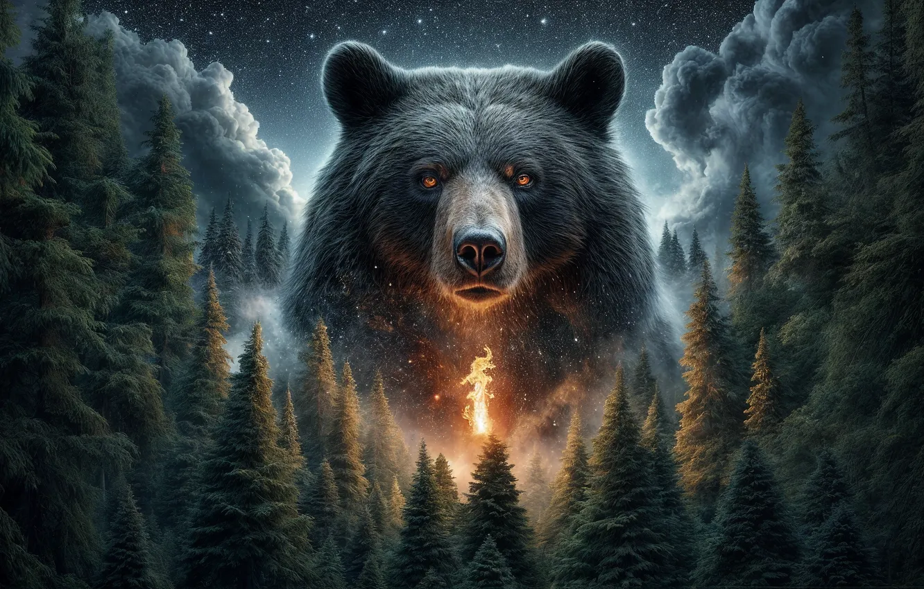 Photo wallpaper forest, bear, AI art, neural network