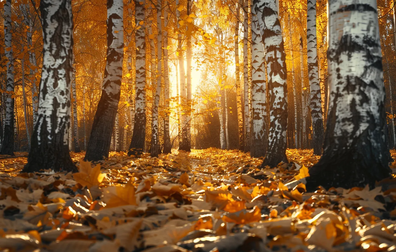 Photo wallpaper autumn, forest, the sun, trees, trunks, foliage, birch, birch grove