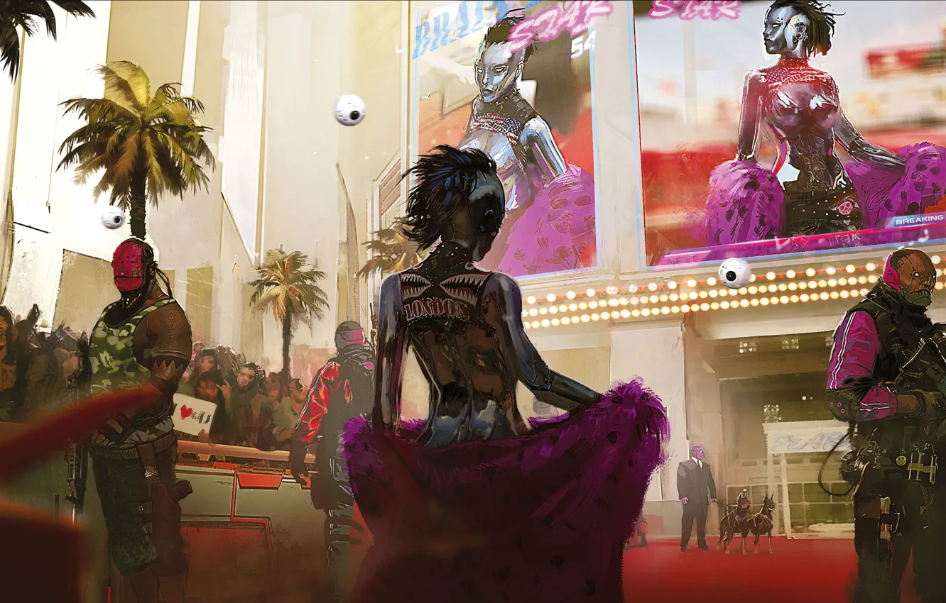 Photo wallpaper the city, the game, people, robot, neon, art, cyborg, cyberpunk