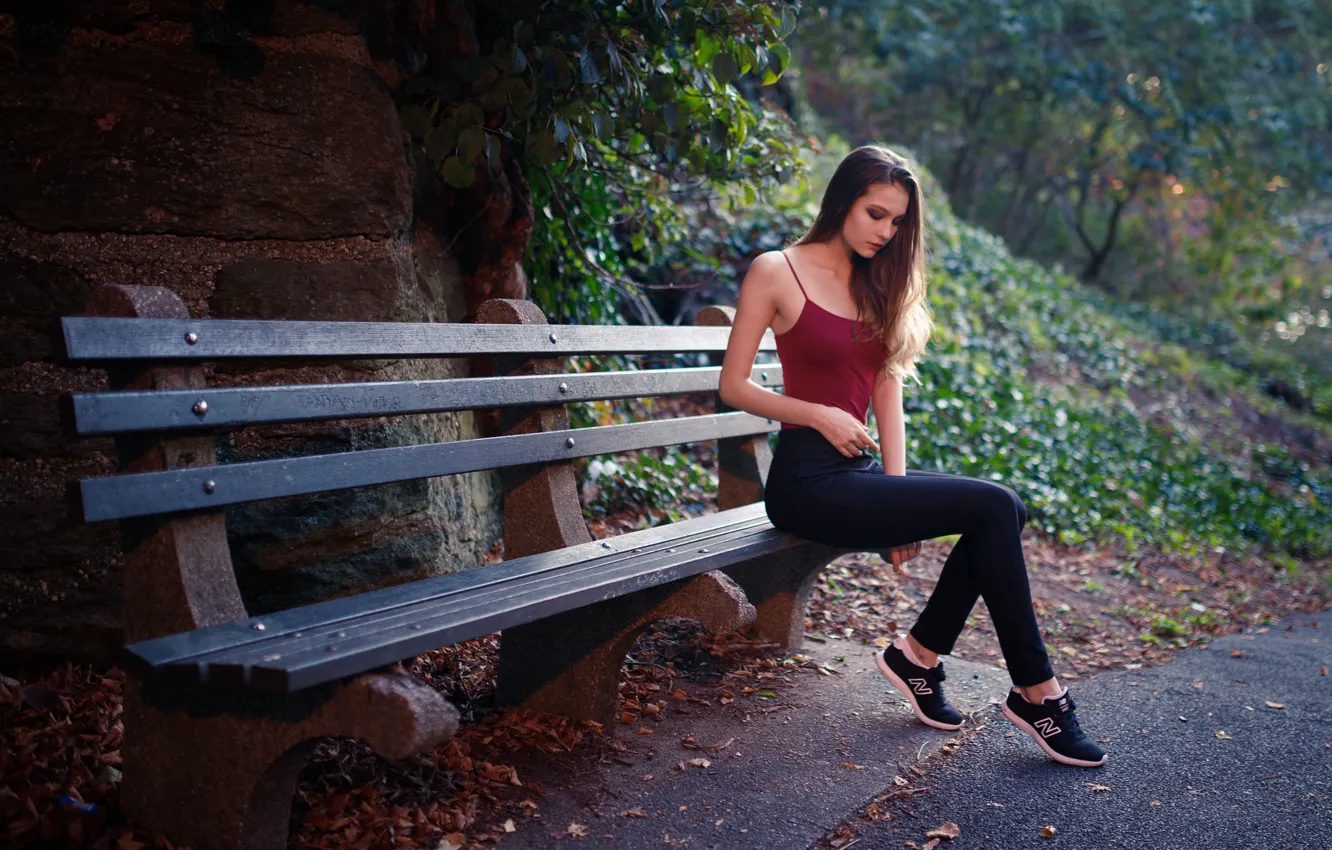 Photo wallpaper girl, Model, long hair, park, brunette, bench, t-shirt, sitting